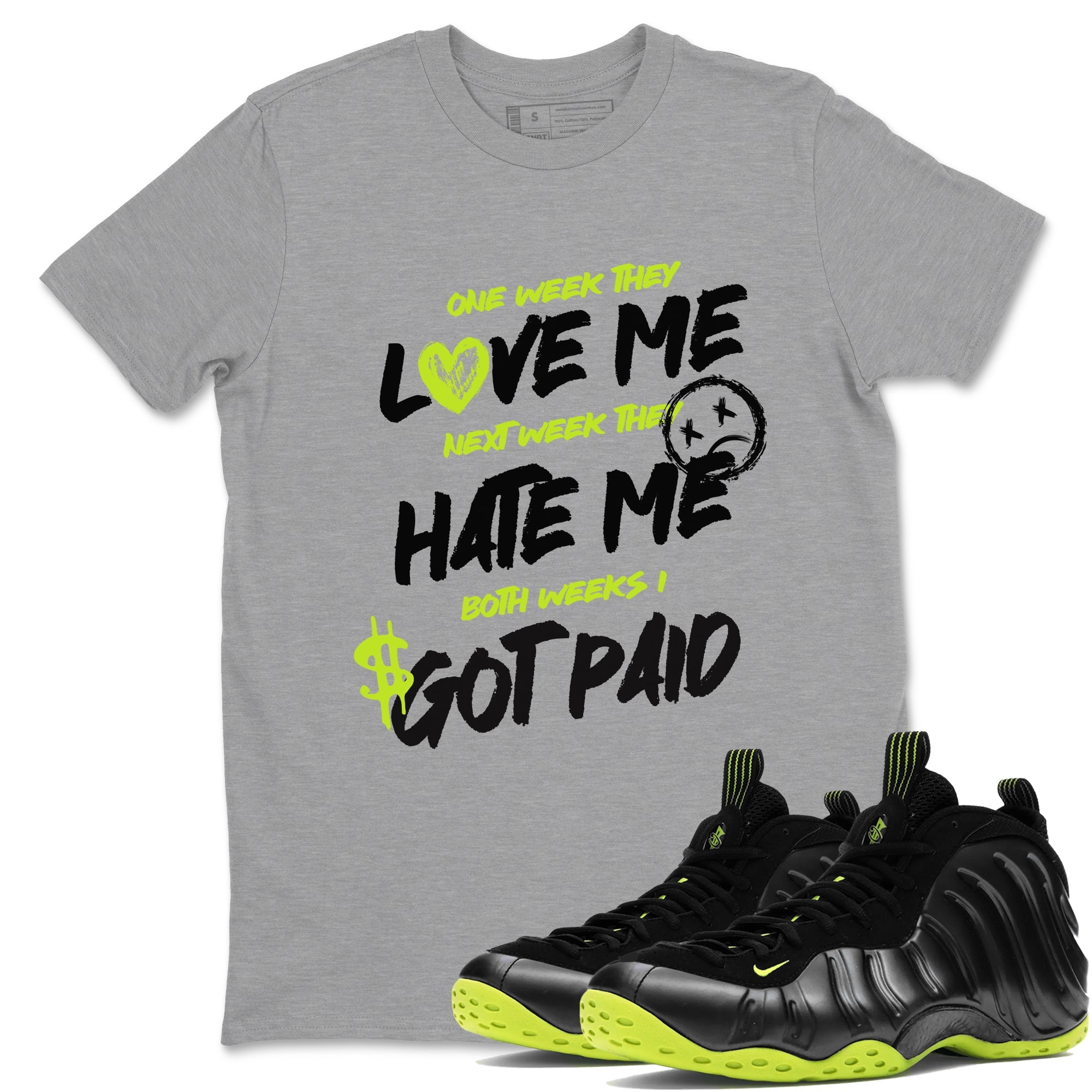 Foams One Black Volt shirts to match jordans I Got Paid sneaker match tees Air Foamposite One Black and Volt match shoes to clothes SNRT Sneaker Tees unisex cotton Heather Grey 1 shirts