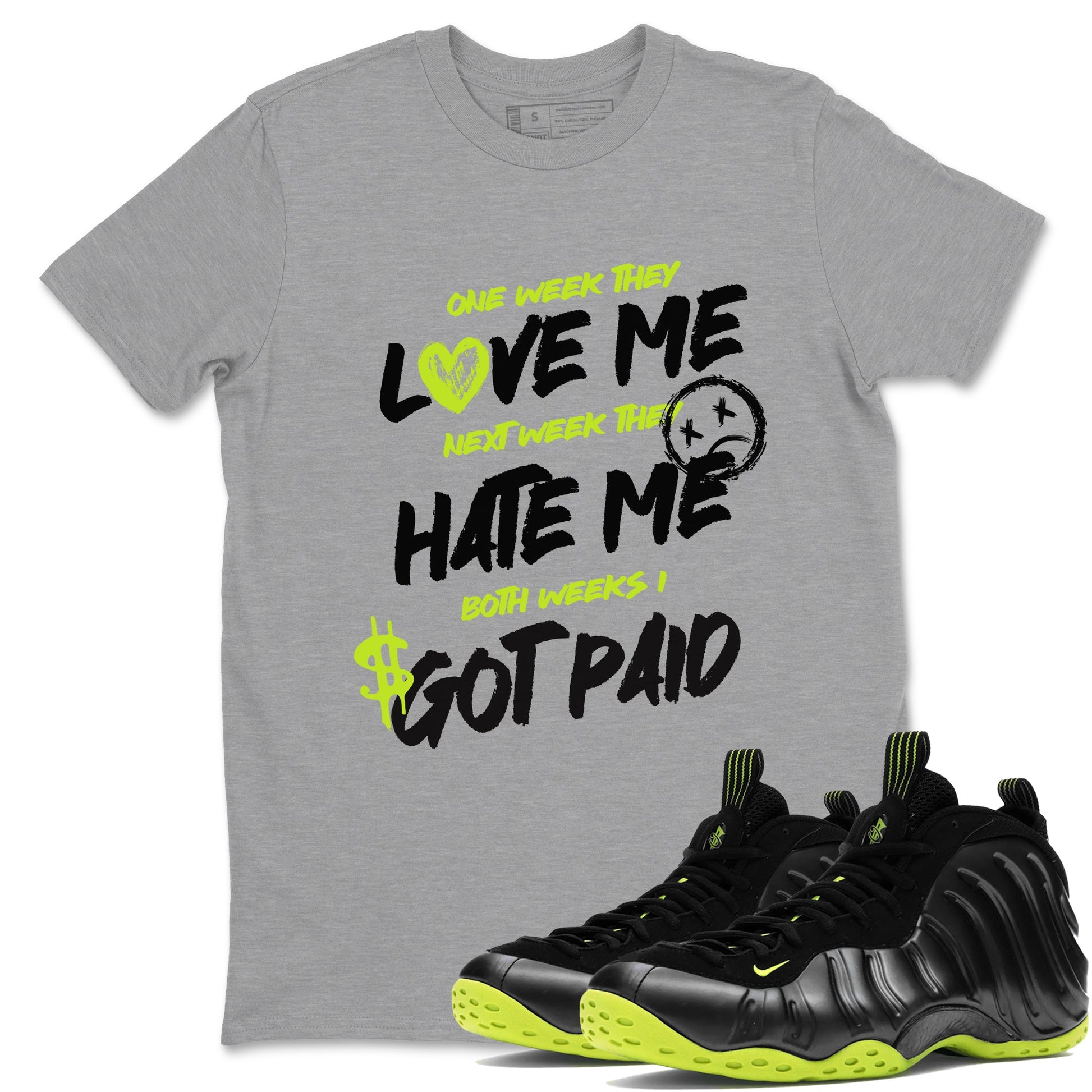 Foams One Black Volt shirts to match jordans I Got Paid sneaker match tees Air Foamposite One Black and Volt match shoes to clothes SNRT Sneaker Tees unisex cotton Heather Grey 1 shirts