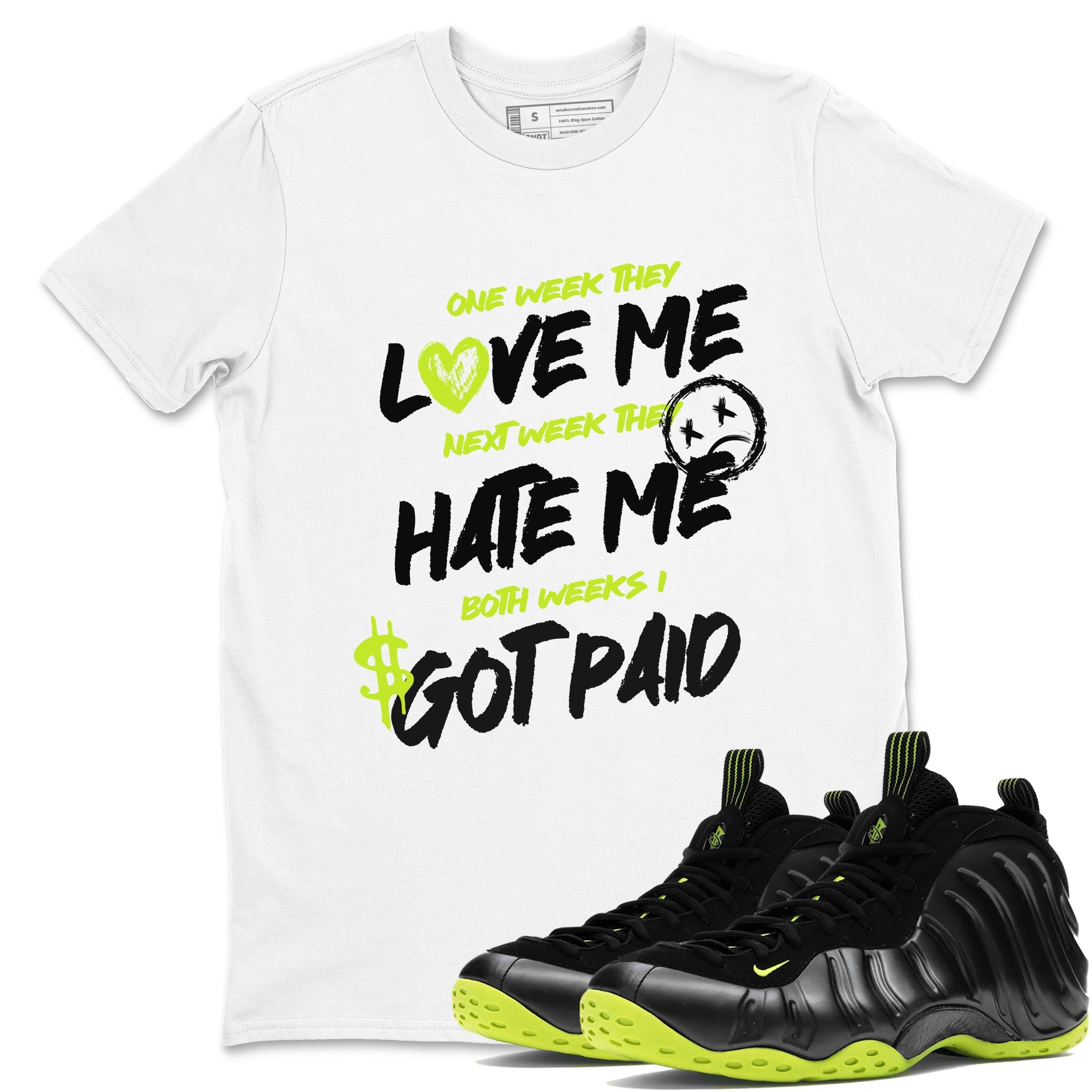 Foams One Black Volt shirts to match jordans I Got Paid sneaker match tees Air Foamposite One Black and Volt match shoes to clothes SNRT Sneaker Tees unisex cotton White 1 shirts
