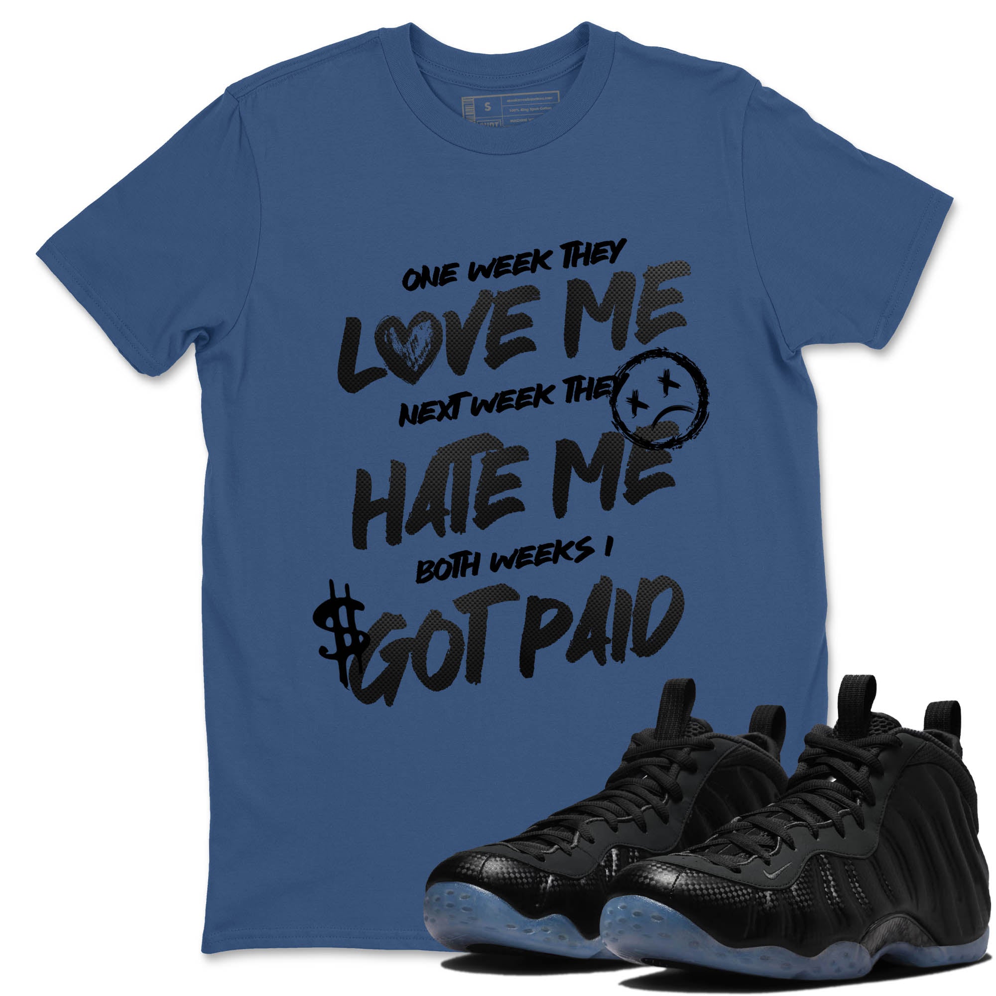 Sneaker Threads – Sneaker Tees To Match Air Foamposite One Carbon Fiber – I Got Paid Graphic Tee Denim Blue 1. Perfect for Jordan releases 2025 colorways.