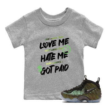 Sneaker match tees – Sneaker Tees To Match Air Foamposite One Pine Green Shoes – I Got Paid Kids T-Shirt Heather Grey 1