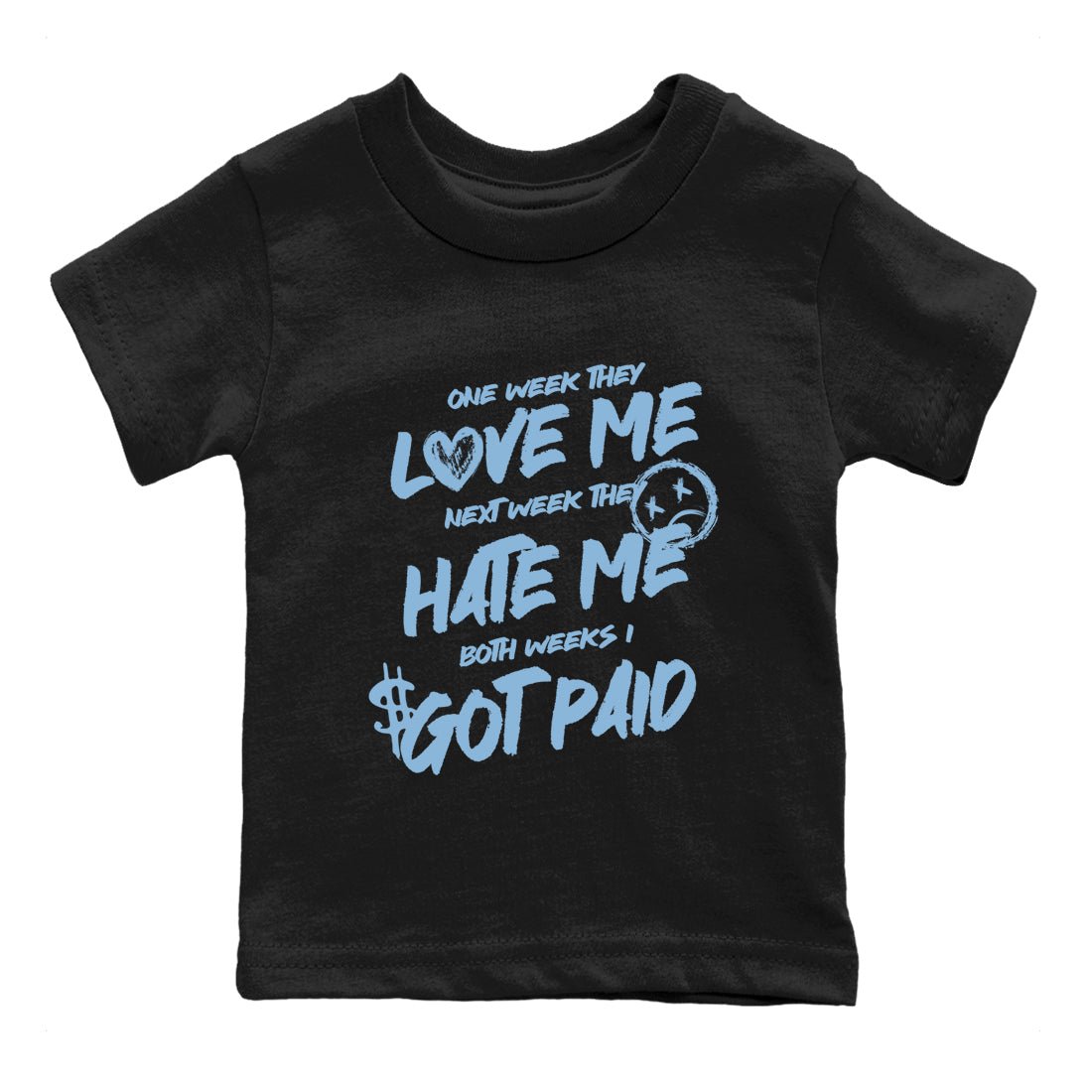 I Got Paid baby and kids t-shirt crafted for little sneakerheads to shine with the Air Foamposite One Psychic Blue sneakers, displayed in Black 2.
