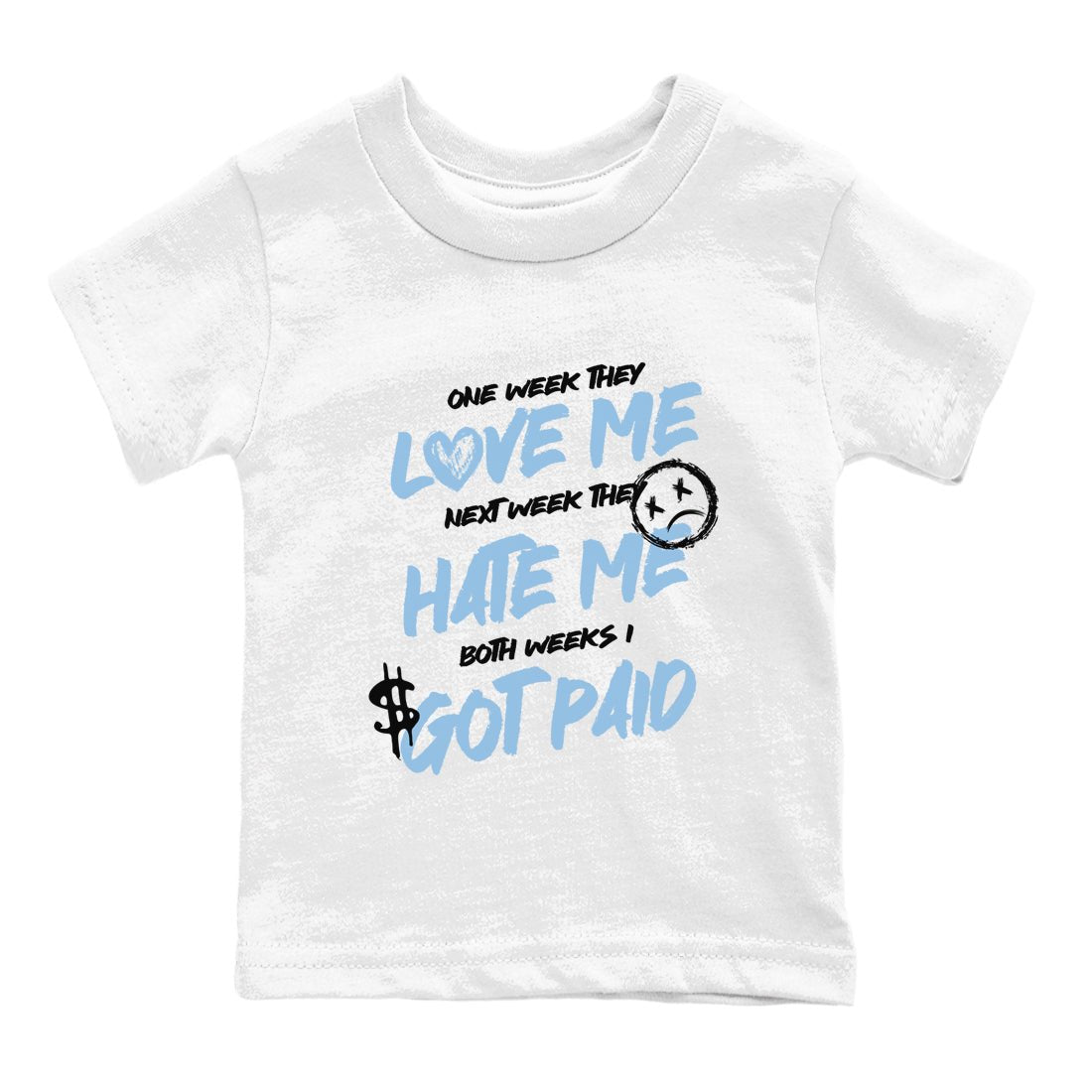 I Got Paid baby and kids t-shirt crafted for little sneakerheads to shine with the Air Foamposite One Psychic Blue sneakers, displayed in White 2.
