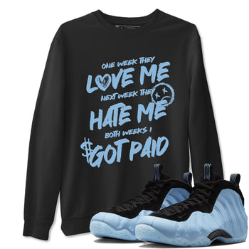 I Got Paid sneaker match t-shirt styled to complete your fit with the Air Foamposite One Psychic Blue sneakers, shown in Black 1.