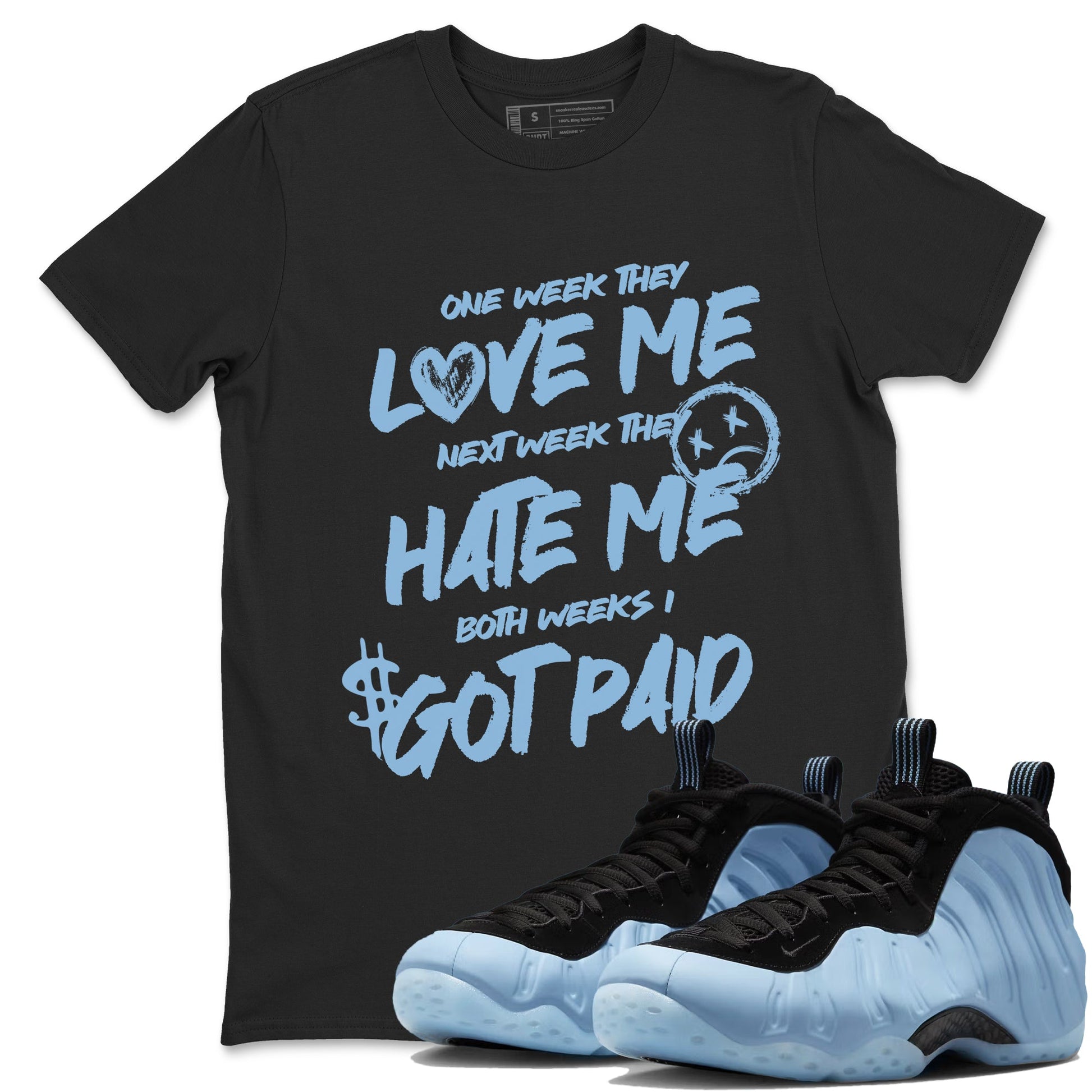 I Got Paid sneaker match t-shirt styled to complete your fit with the Air Foamposite One Psychic Blue sneakers, shown in Black 1.