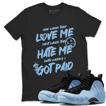 I Got Paid sneaker match t-shirt styled to complete your fit with the Air Foamposite One Psychic Blue sneakers, shown in Black 1.