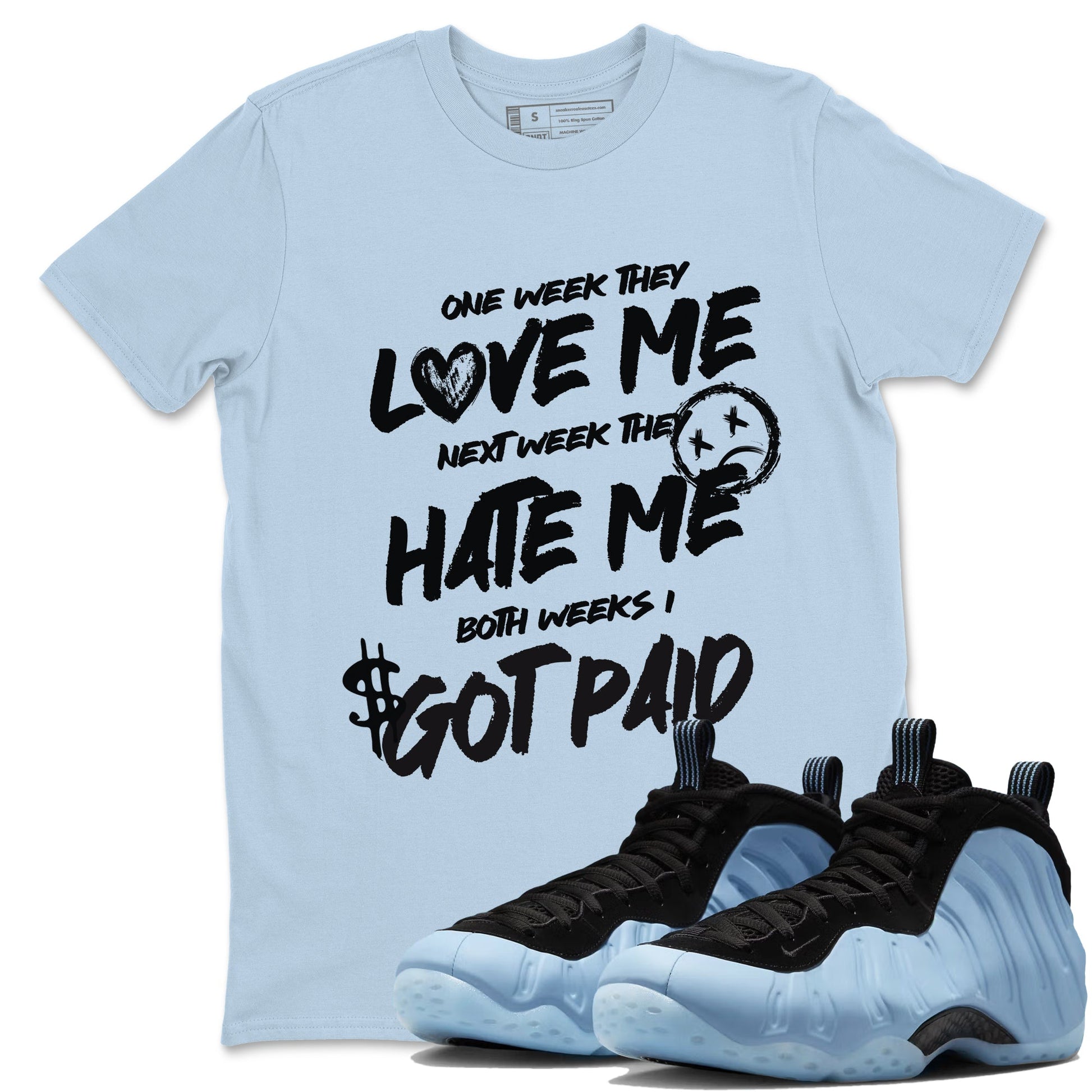 I Got Paid sneaker match t-shirt styled to complete your fit with the Air Foamposite One Psychic Blue sneakers, shown in Light Blue 1.