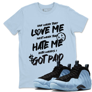 I Got Paid sneaker match t-shirt styled to complete your fit with the Air Foamposite One Psychic Blue sneakers, shown in Light Blue 1.