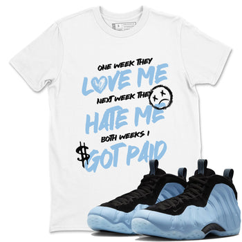 I Got Paid sneaker match t-shirt styled to complete your fit with the Air Foamposite One Psychic Blue sneakers, shown in White 1.
