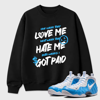 Best Sneakerfit Graphic Tee. Graphic Outfits. Sneaker Tees To Match Air Foamposite Pro University Blue Sneakers – I Got Paid Tee Black 1
