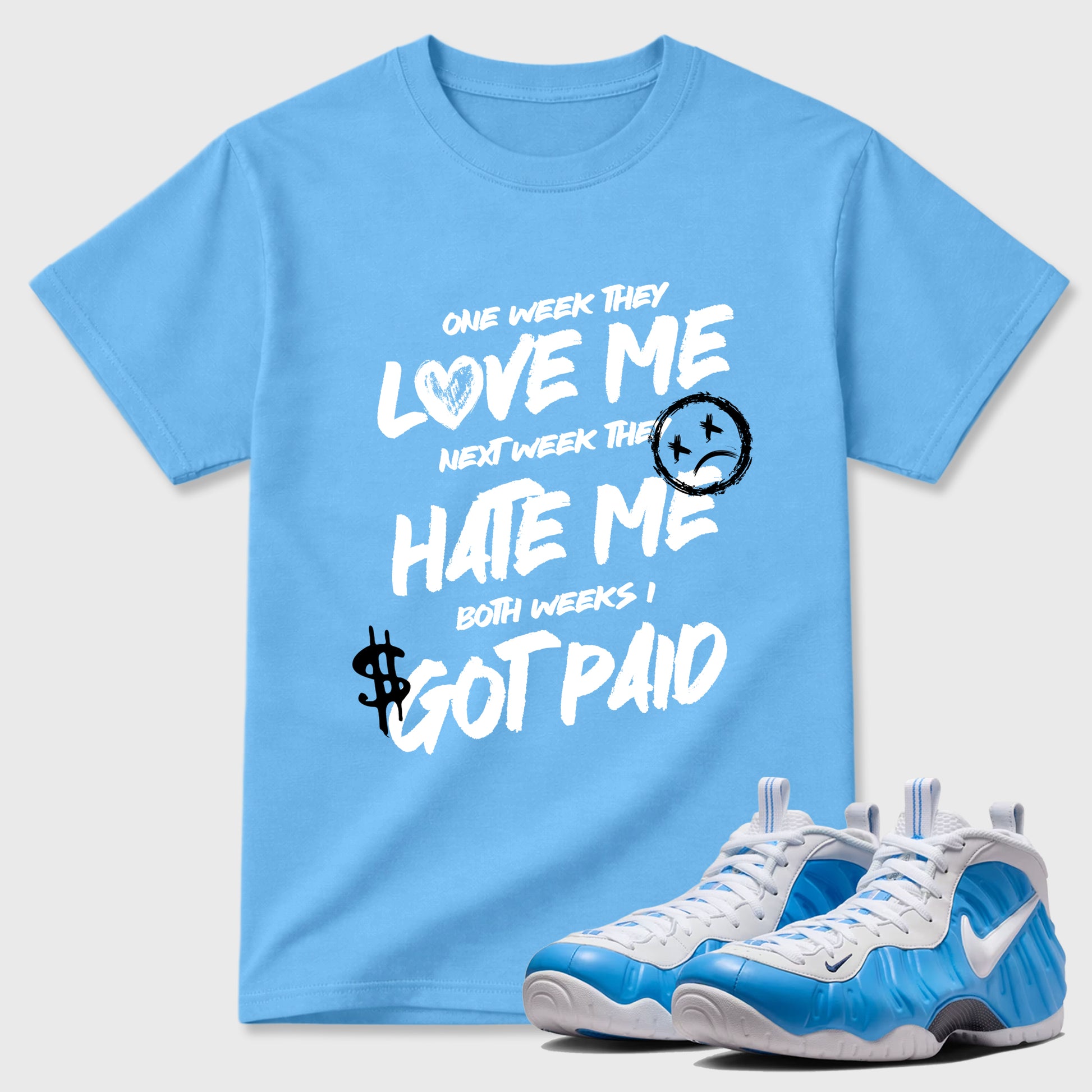 Best Sneakerfit Graphic Tee. Graphic Outfits. Sneaker Tees To Match Air Foamposite Pro University Blue Sneakers – I Got Paid Tee Carolina Blue 1