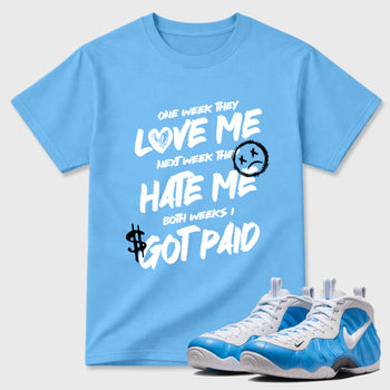 Best Sneakerfit Graphic Tee. Graphic Outfits. Sneaker Tees To Match Air Foamposite Pro University Blue Sneakers – I Got Paid Tee Carolina Blue 1