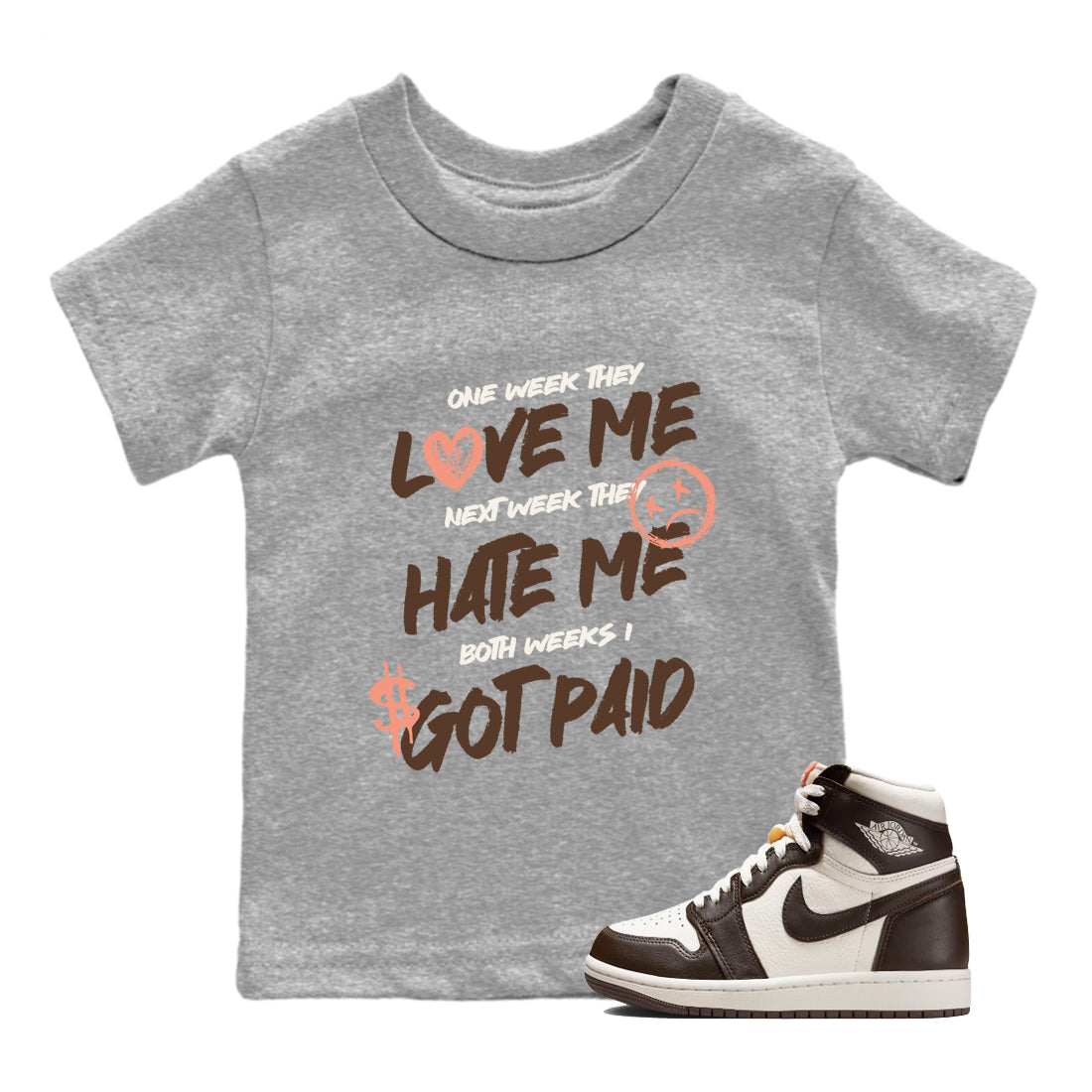 Sneaker match tees – Sneaker Tees To Match Air Jordan 1 Baroque Brown Shoes – I Got Paid Kids T-Shirt Heather Grey 1