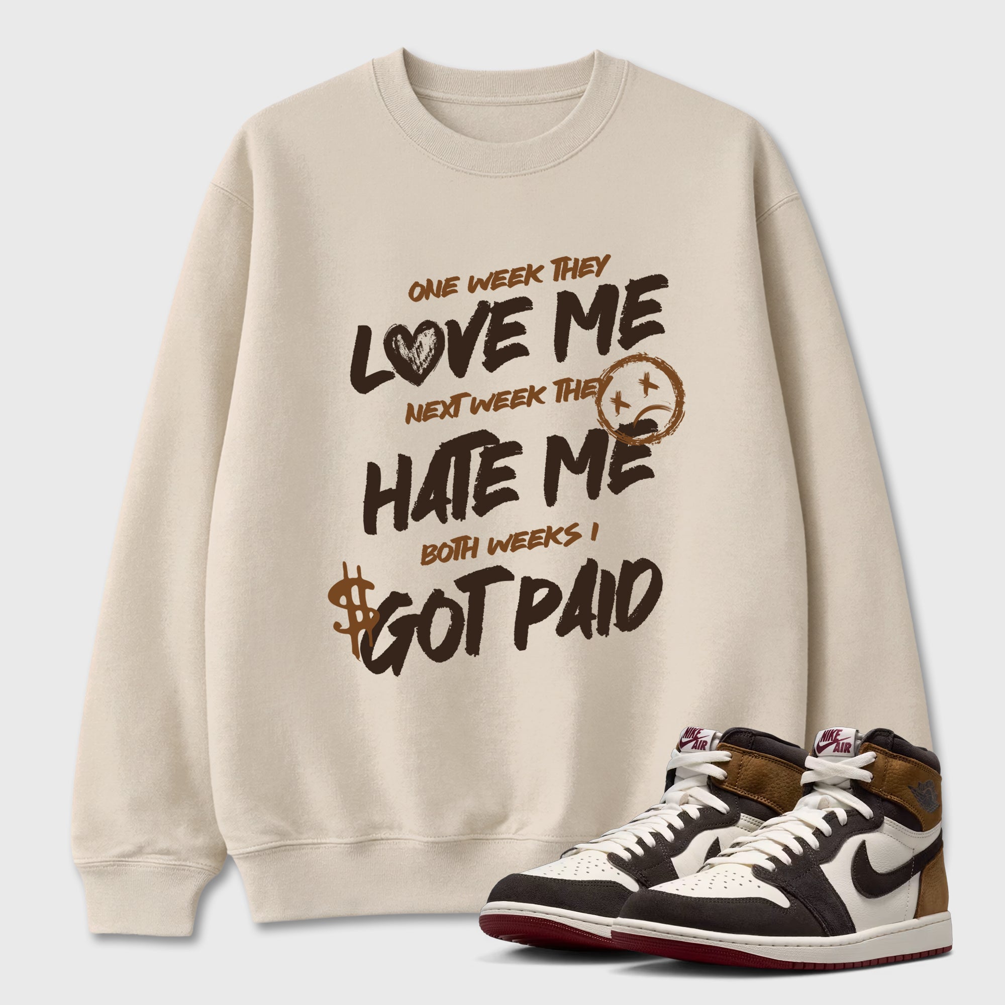 I Got Paid Graphic T-Shirt featuring original streetwear artwork designed to match the Air Jordan 1 Love Letter. Natural 1 Graphic Tee.