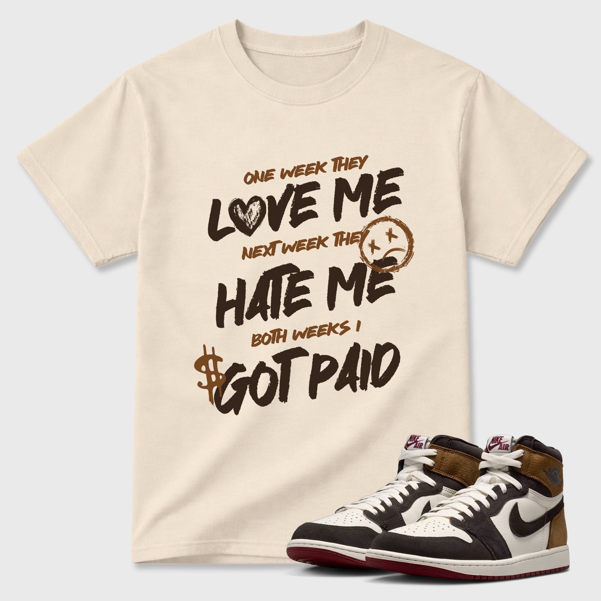 I Got Paid Graphic T-Shirt featuring original streetwear artwork designed to match the Air Jordan 1 Love Letter. Natural 1 Graphic T-Shirt.