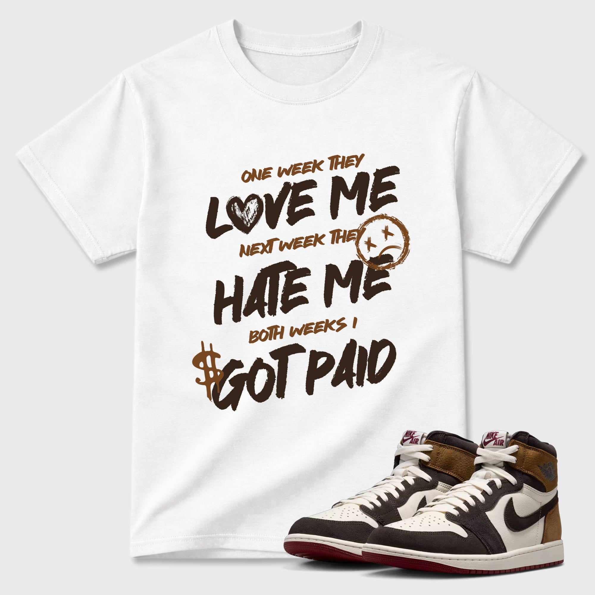 I Got Paid Graphic T-Shirt featuring original streetwear artwork designed to match the Air Jordan 1 Love Letter. White 1 Graphic T-Shirt.