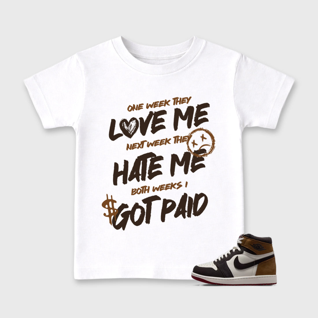 I Got Paid Baby & Kids Graphic T-Shirt featuring original artwork designed to match the Air Jordan 1 Love Letter. White 1 Kids Graphic Tee.