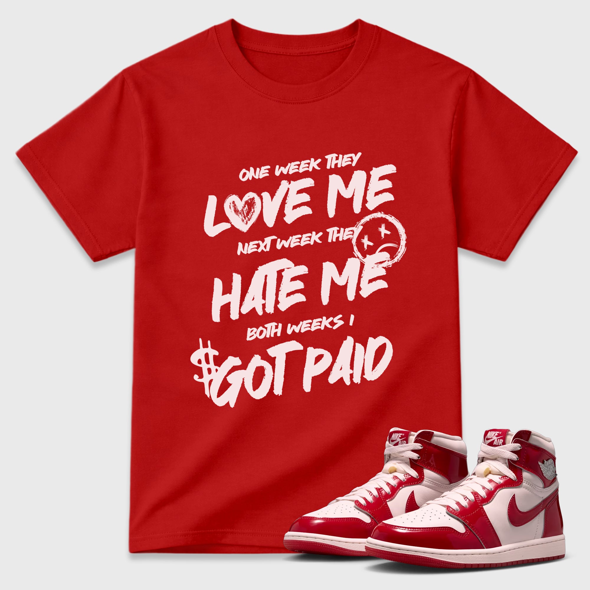 I Got Paid Graphic T-Shirt featuring original streetwear artwork designed to match the Air Jordan 1 Nails and Grails. Red 1 Graphic T-Shirt.