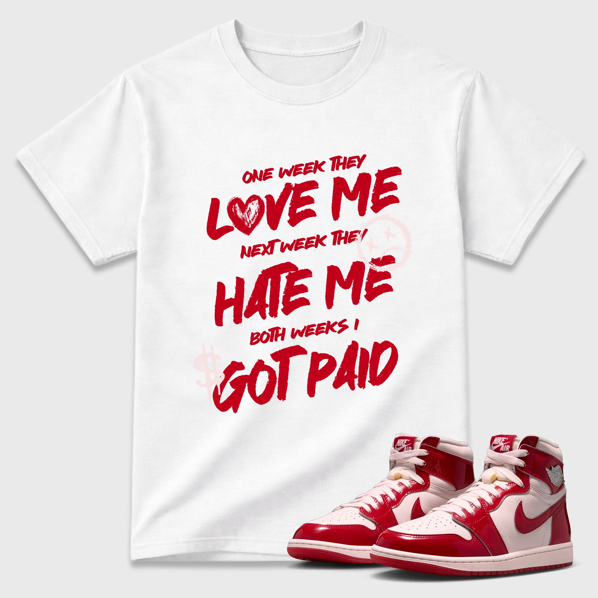 I Got Paid Graphic T-Shirt featuring original streetwear artwork designed to match the Air Jordan 1 Nails and Grails. White 1 Graphic T-Shirt.