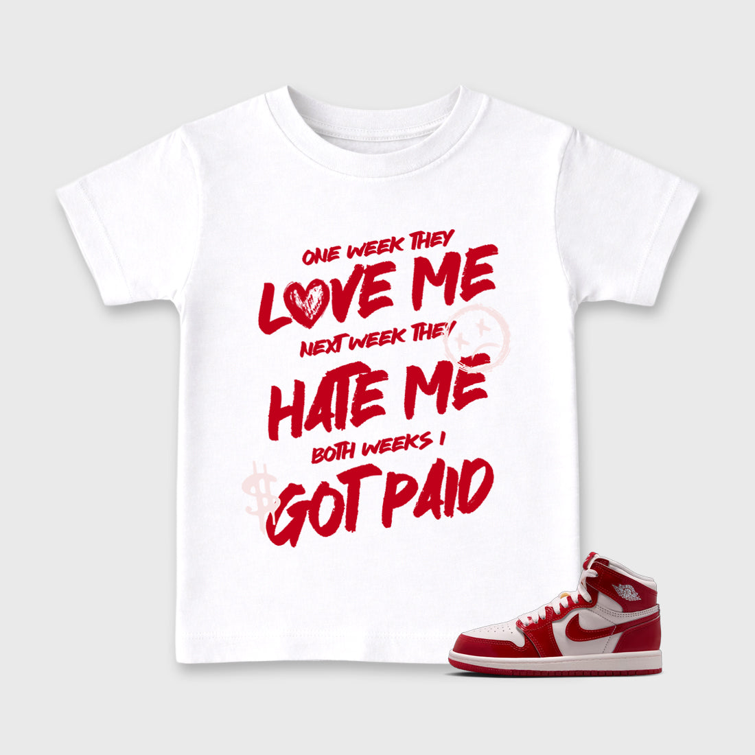 I Got Paid Baby & Kids Graphic T-Shirt featuring original artwork designed to match the Air Jordan 1 Nails and Grails. White 1 Kids Graphic Tee.