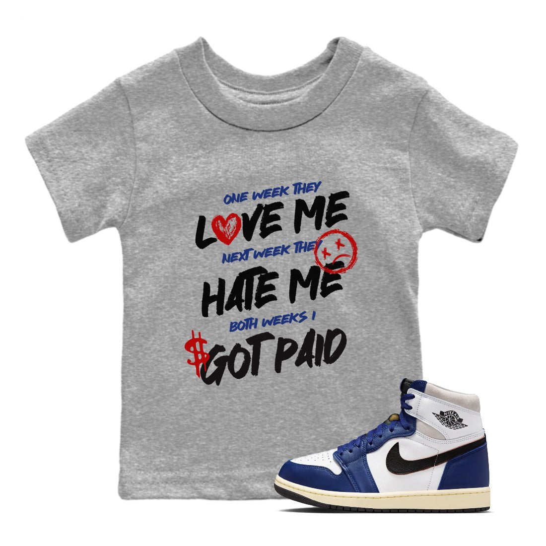 1s Rare Air shirts to match jordans I Got Paid sneaker match tees Air Jordan 1 High OG Rare Air Deep Royal Blue match shoes to clothes SNRT Sneaker Tees Youth Baby Heather Grey 1 tee