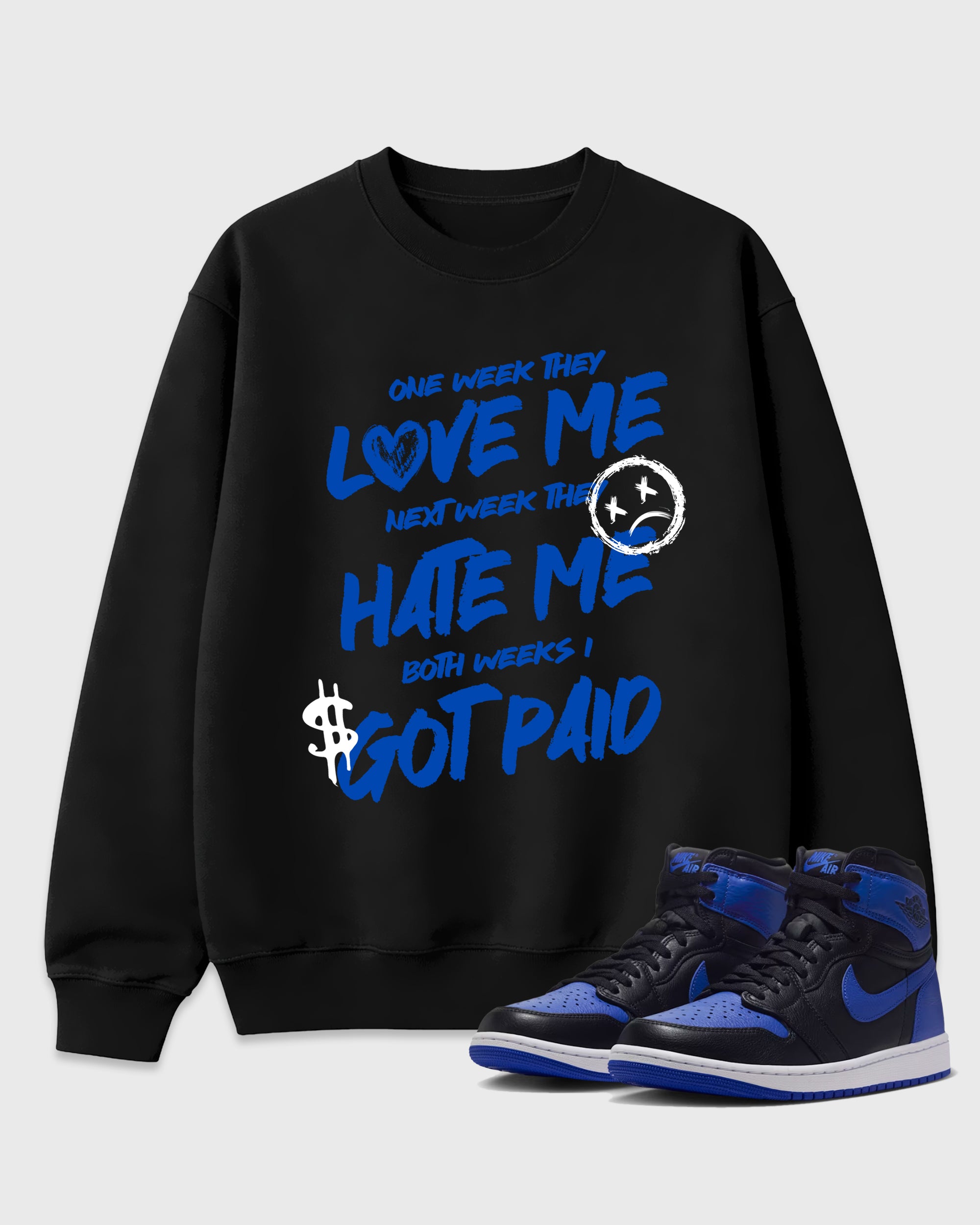 I Got Paid Graphic T-Shirt featuring original streetwear artwork designed to match the Air Jordan 1 Royal. Black 1 Graphic Tee.