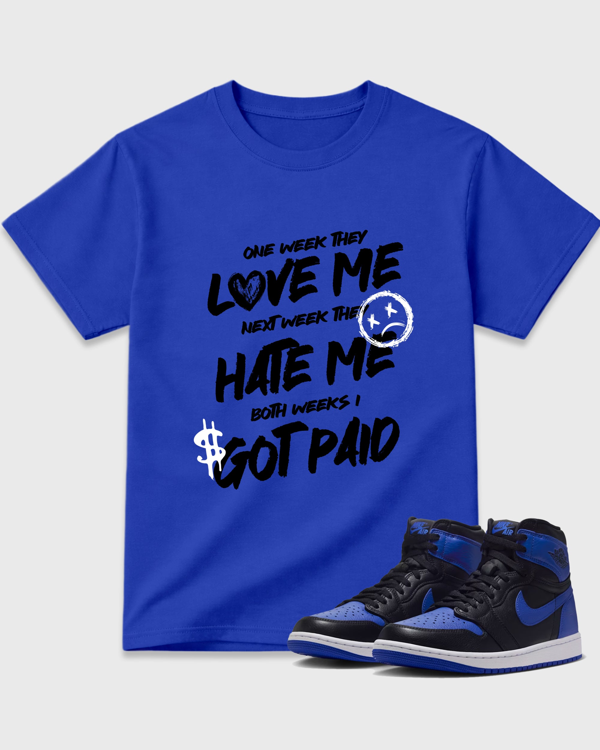 I Got Paid Graphic T-Shirt featuring original streetwear artwork designed to match the Air Jordan 1 Royal. Royal Blue 1 Graphic T-Shirt.