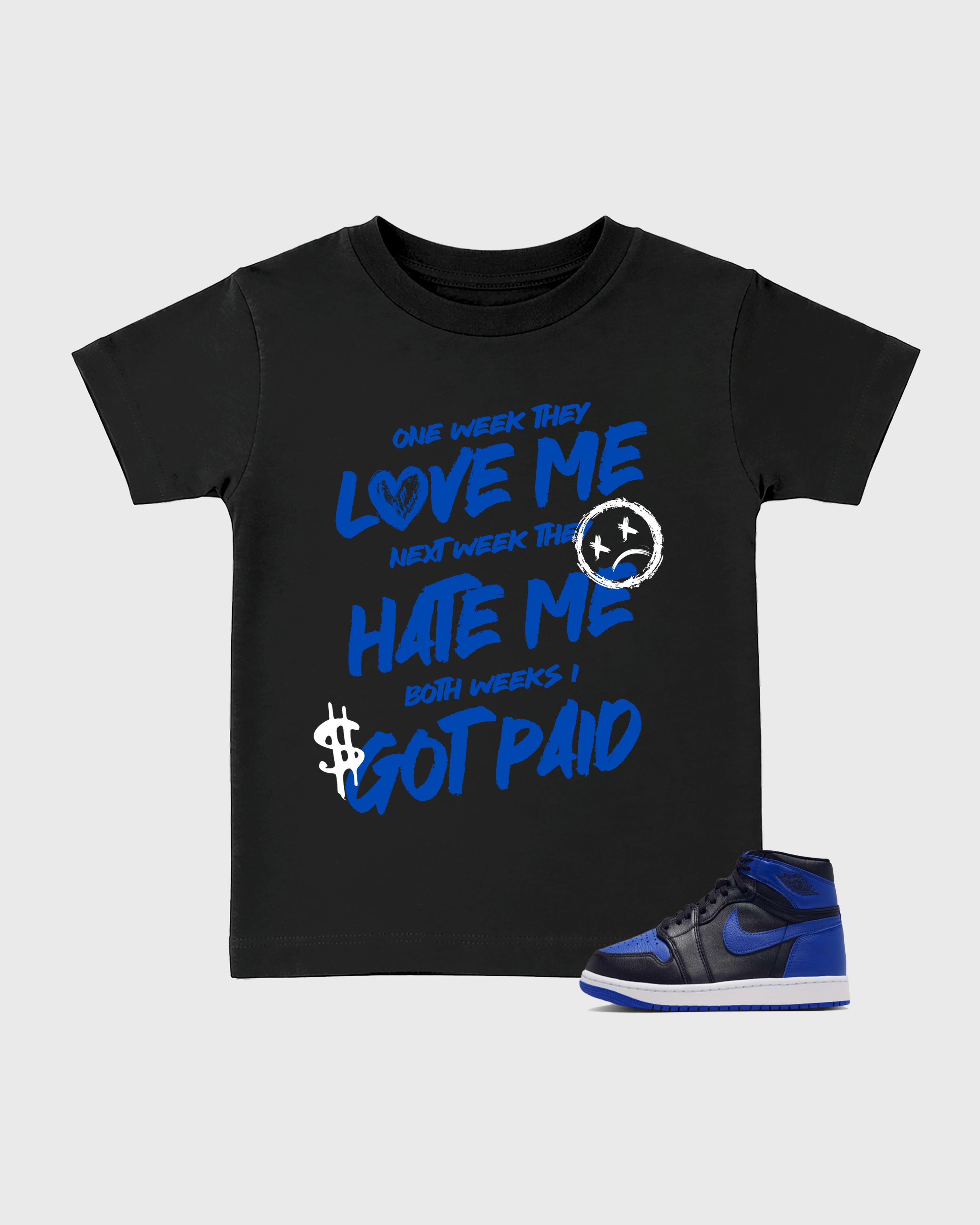 I Got Paid Baby & Kids Graphic T-Shirt featuring original artwork designed to match the Air Jordan 1 Royal. Black 1 Kids Graphic Tee.