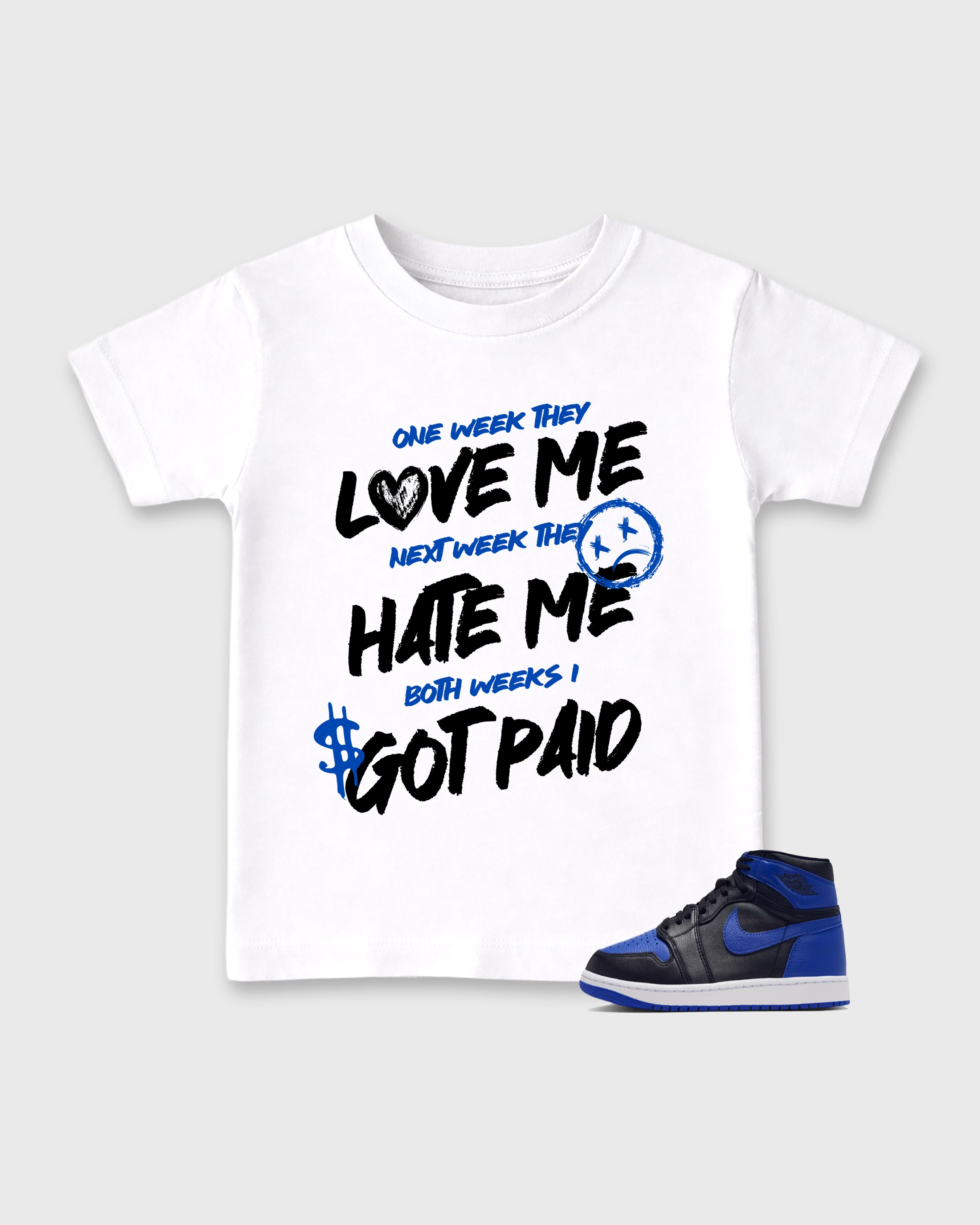 I Got Paid Baby & Kids Graphic T-Shirt featuring original artwork designed to match the Air Jordan 1 Royal. White 1 Kids Graphic Tee.