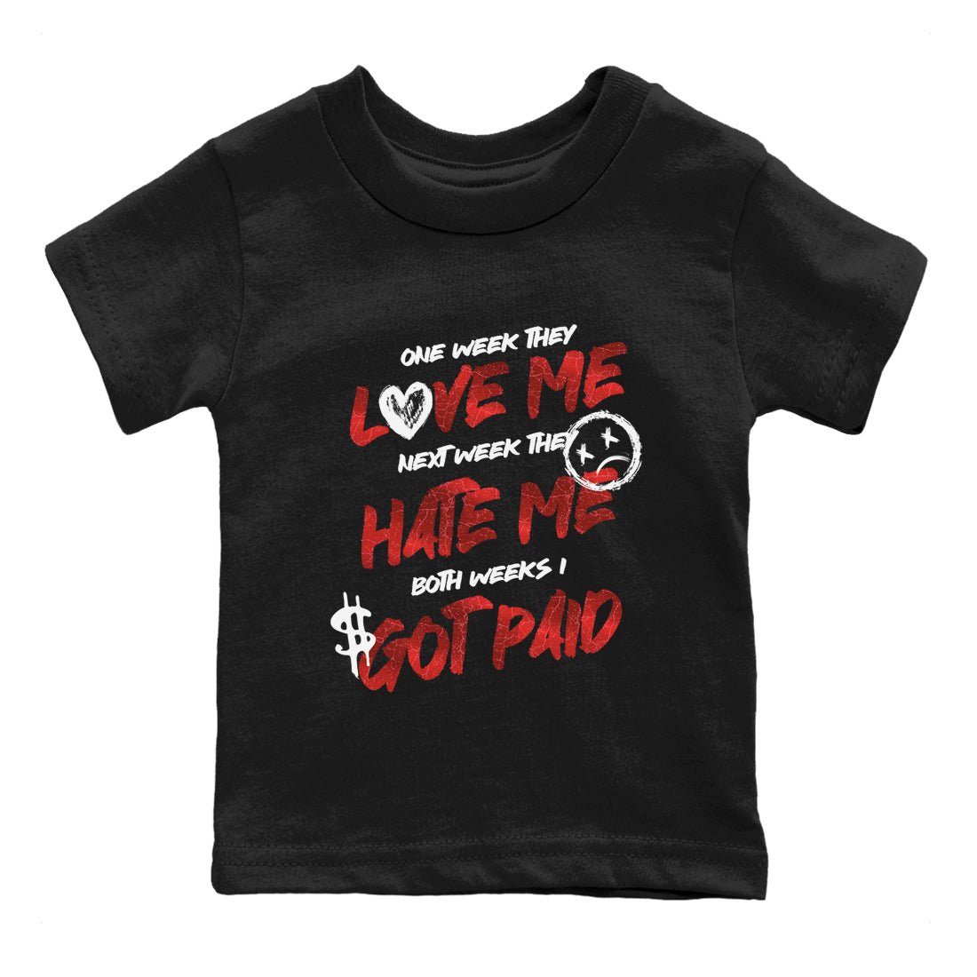 I Got Paid baby and kids t-shirt crafted for little sneakerheads to shine with the Air Jordan 1 Ruby sneakers, displayed in Black 2.