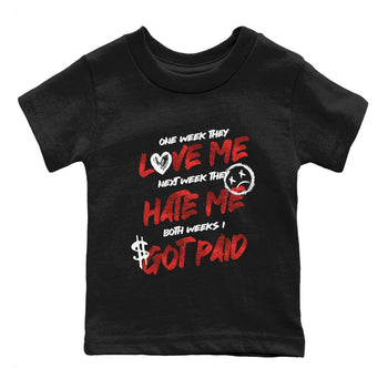 I Got Paid baby and kids t-shirt crafted for little sneakerheads to shine with the Air Jordan 1 Ruby sneakers, displayed in Black 2.