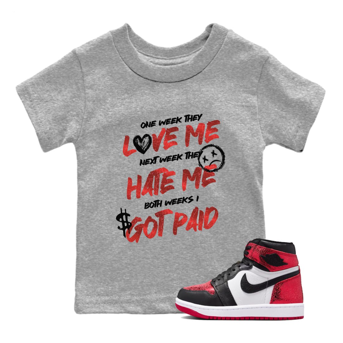 I Got Paid baby and kids t-shirt crafted for little sneakerheads to shine with the Air Jordan 1 Ruby sneakers, displayed in Heather Grey 1.