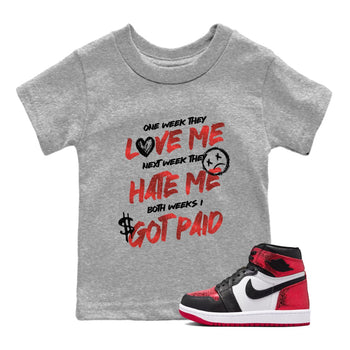 I Got Paid baby and kids t-shirt crafted for little sneakerheads to shine with the Air Jordan 1 Ruby sneakers, displayed in Heather Grey 1.