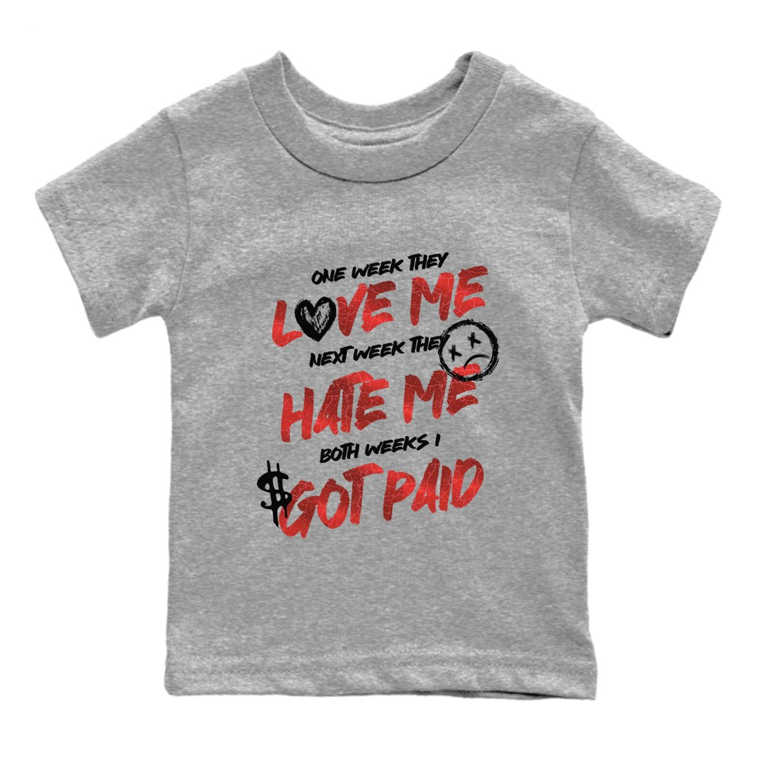 I Got Paid baby and kids t-shirt crafted for little sneakerheads to shine with the Air Jordan 1 Ruby sneakers, displayed in Heather Grey 2.