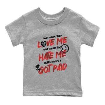 I Got Paid baby and kids t-shirt crafted for little sneakerheads to shine with the Air Jordan 1 Ruby sneakers, displayed in Heather Grey 2.