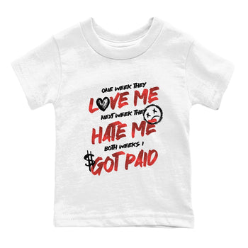 I Got Paid baby and kids t-shirt crafted for little sneakerheads to shine with the Air Jordan 1 Ruby sneakers, displayed in White 2.