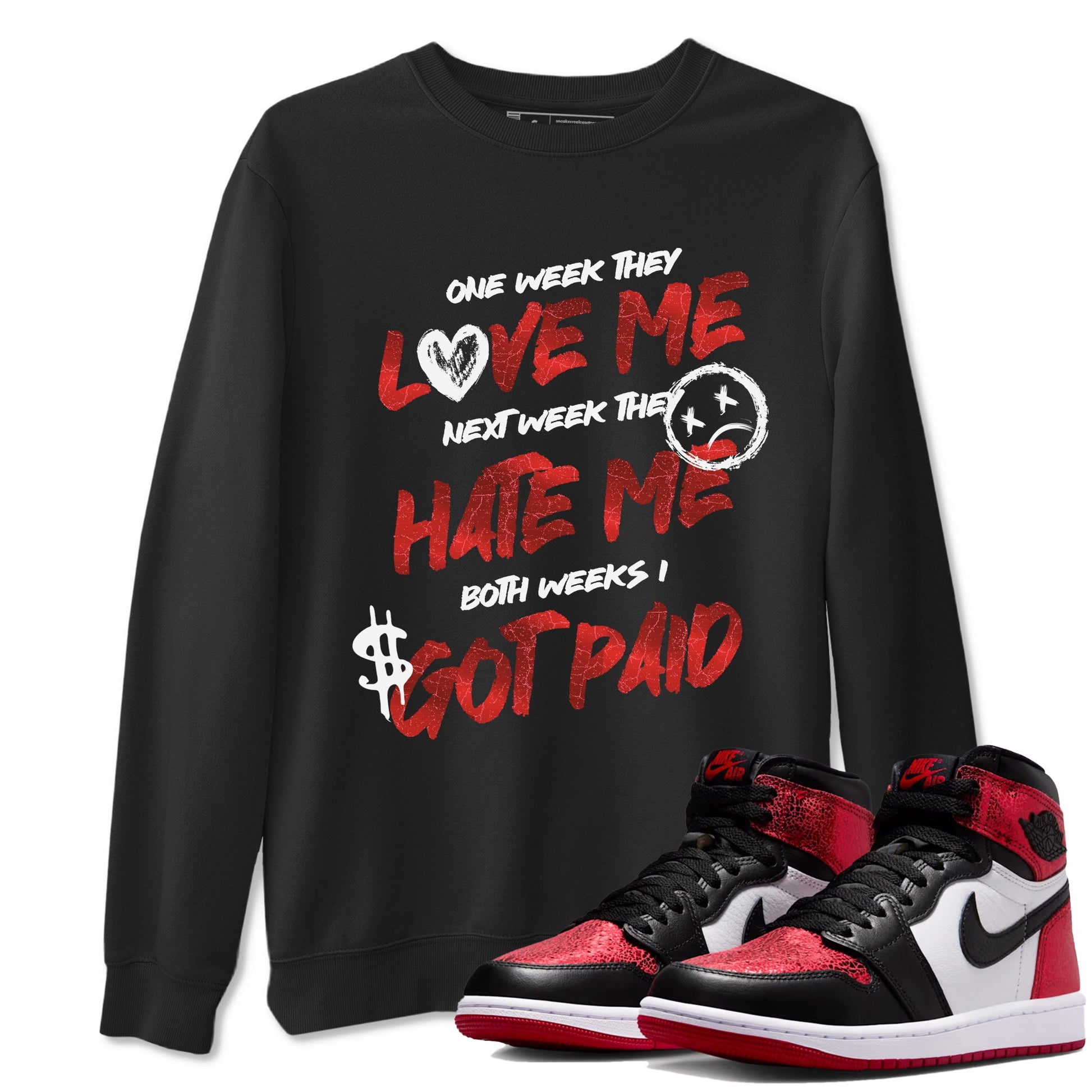 I Got Paid sneaker match t-shirt styled to complete your fit with the Air Jordan 1 Ruby sneakers, shown in Black 1.