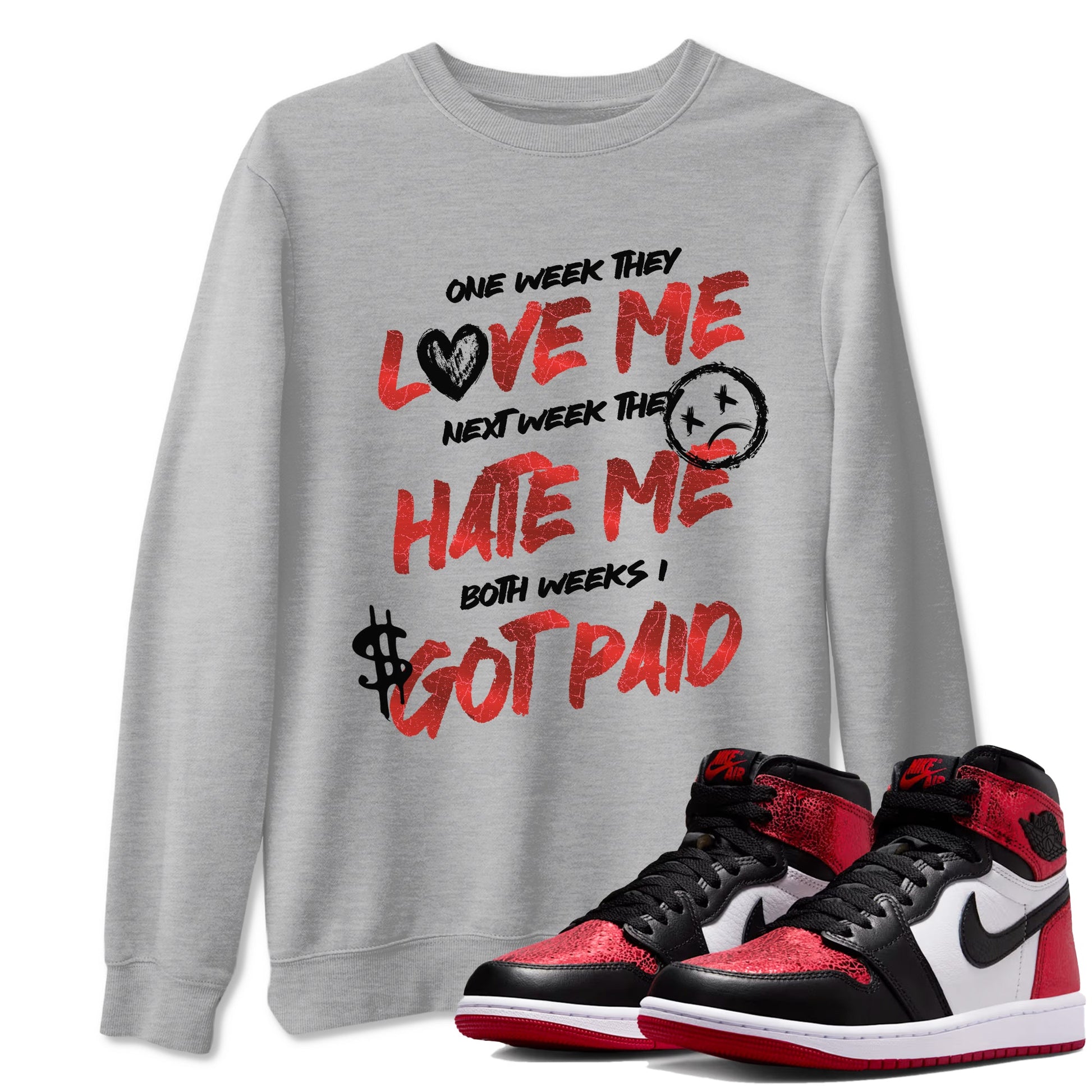 I Got Paid sneaker match t-shirt styled to complete your fit with the Air Jordan 1 Ruby sneakers, shown in Heather Grey 1.