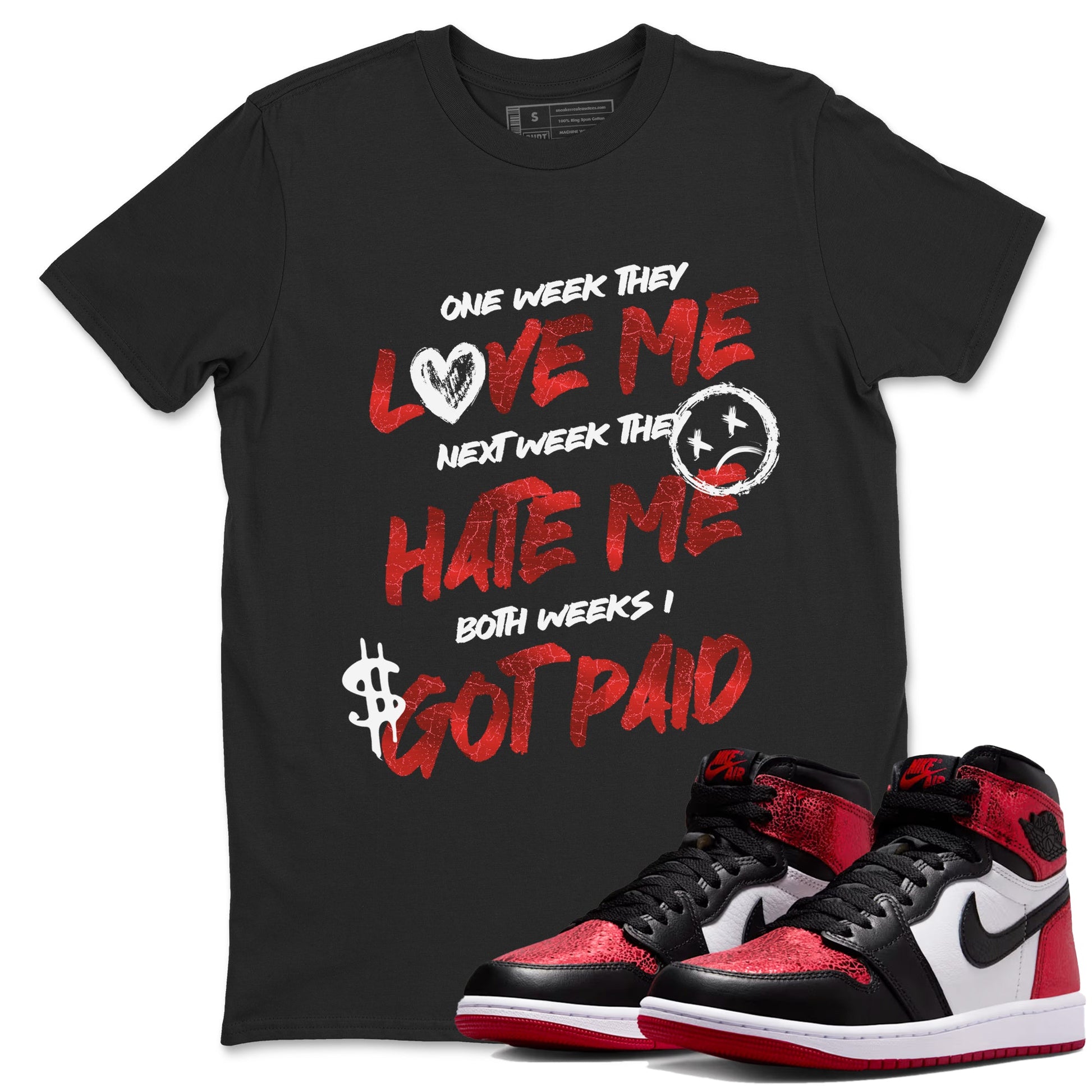 I Got Paid sneaker match t-shirt styled to complete your fit with the Air Jordan 1 Ruby sneakers, shown in Black 1.