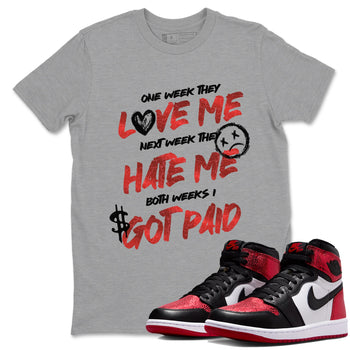 I Got Paid sneaker match t-shirt styled to complete your fit with the Air Jordan 1 Ruby sneakers, shown in Heather Grey 1.