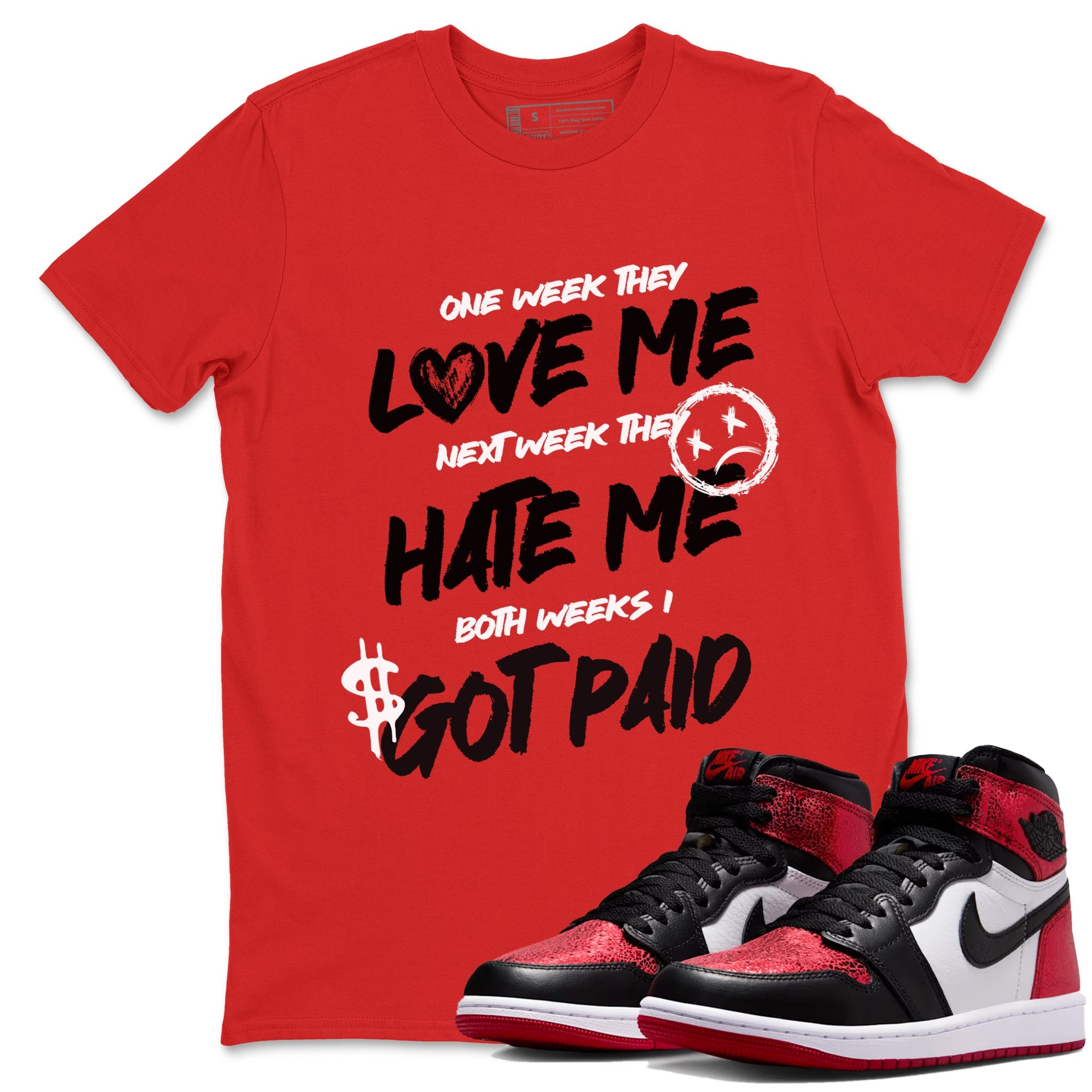 I Got Paid sneaker match t-shirt styled to complete your fit with the Air Jordan 1 Ruby sneakers, shown in Red 1.