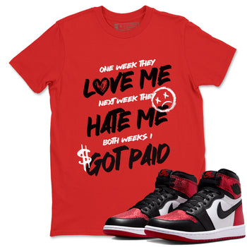 I Got Paid sneaker match t-shirt styled to complete your fit with the Air Jordan 1 Ruby sneakers, shown in Red 1.