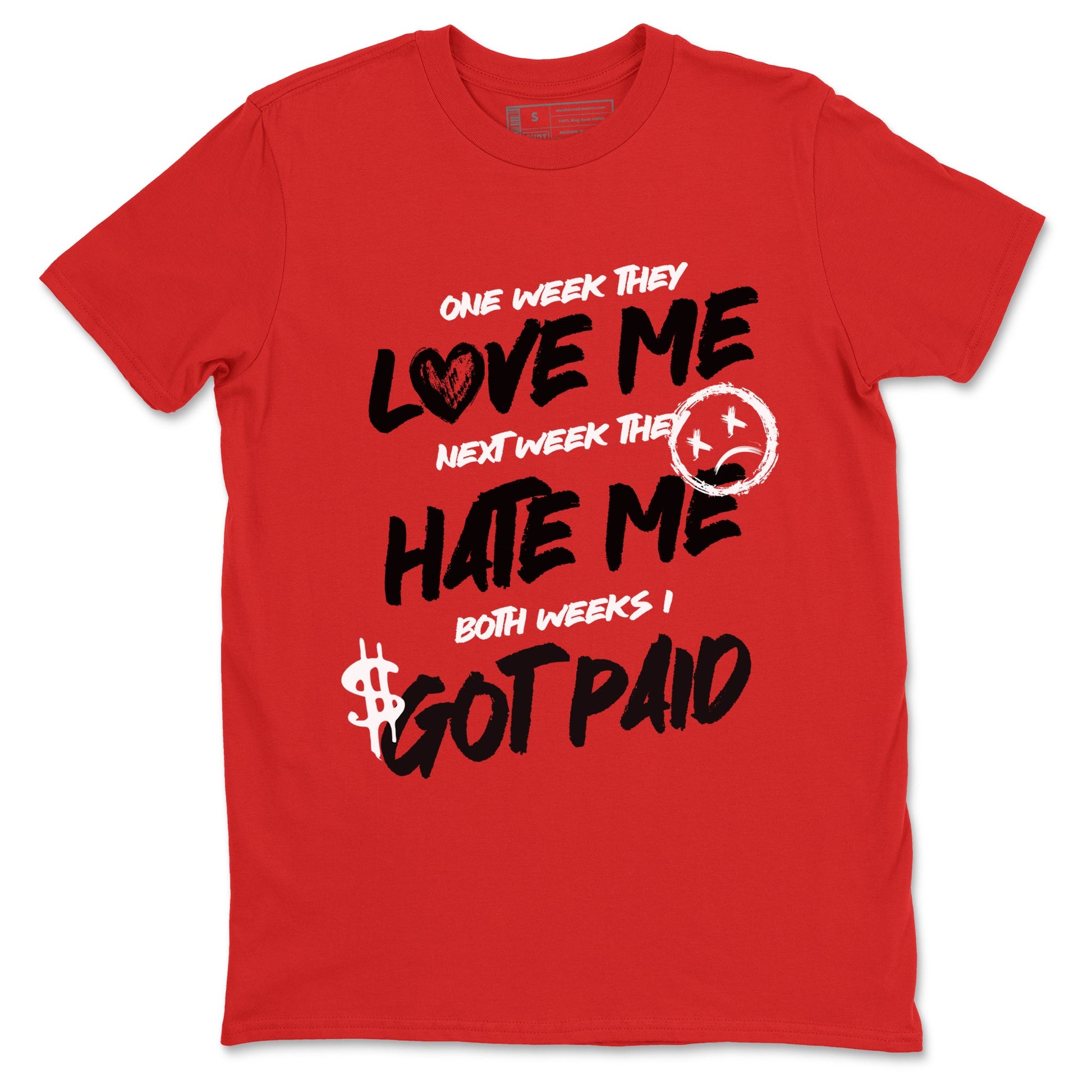 I Got Paid sneaker match t-shirt styled to complete your fit with the Air Jordan 1 Ruby sneakers, shown in Red 2.