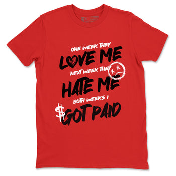 I Got Paid sneaker match t-shirt styled to complete your fit with the Air Jordan 1 Ruby sneakers, shown in Red 2.