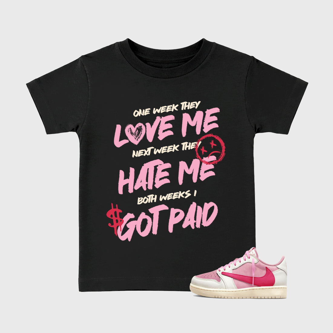 Perfect Sneakerhead Fashion Outfits – Sneaker Tees To Match Air Jordan 1 Low OG x Travis Scott Tropical Pink Shoes – I Got Paid Kids Graphic T-Shirt Black 1