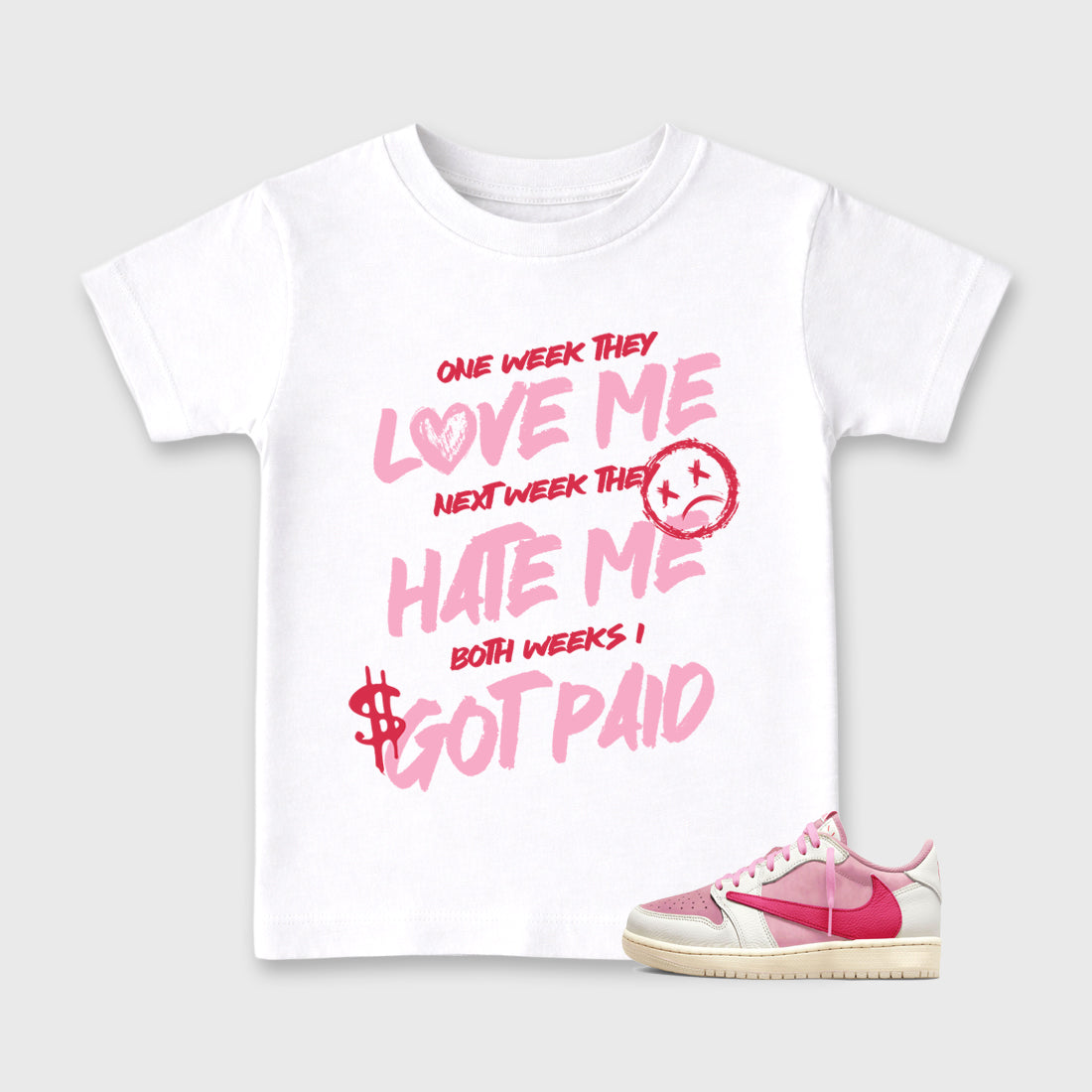 Perfect Sneakerhead Fashion Outfits – Sneaker Tees To Match Air Jordan 1 Low OG x Travis Scott Tropical Pink Shoes – I Got Paid Kids Graphic T-Shirt White 1