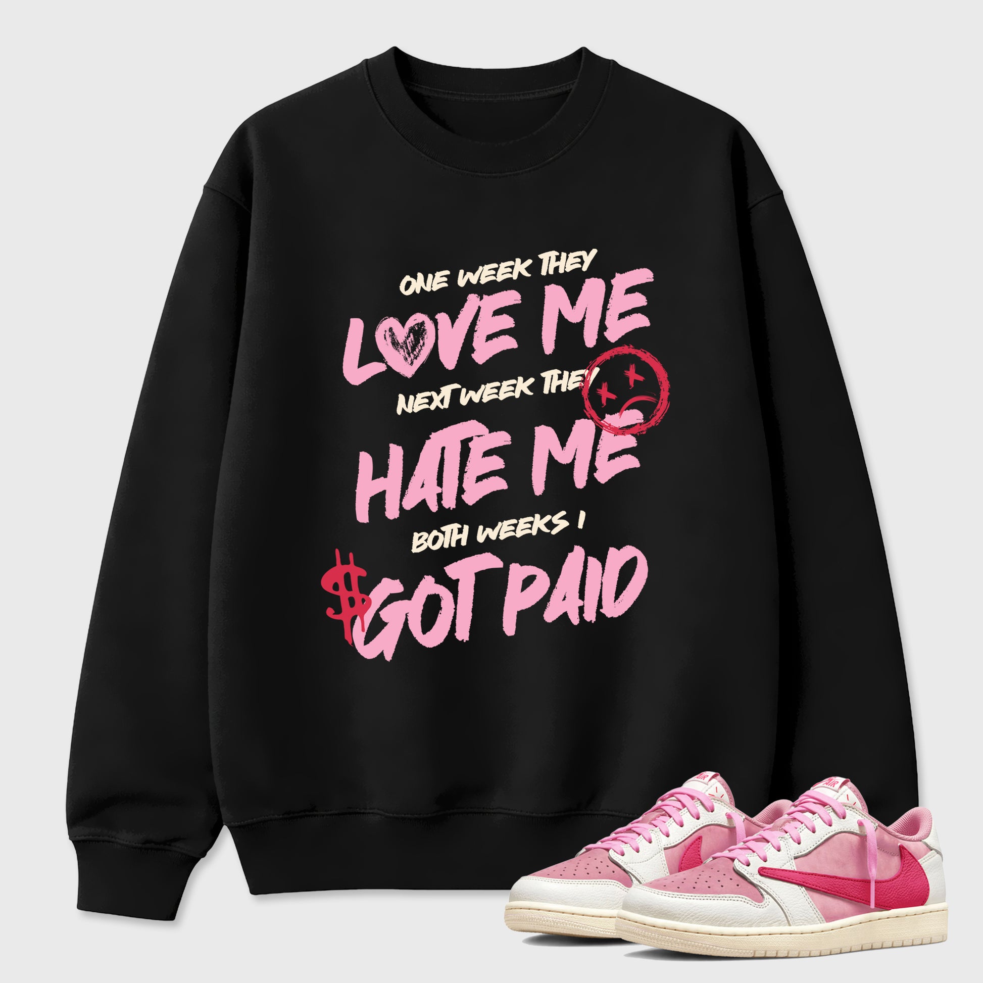 Perfect Sneakerhead Fashion Outfits – Sneaker Tees To Match Air Jordan 1 Low OG x Travis Scott Tropical Pink Shoes – I Got Paid Graphic Tee Black 1
