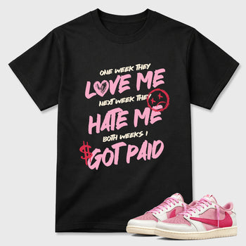 Perfect Sneakerhead Fashion Outfits – Sneaker Tees To Match Air Jordan 1 Low OG x Travis Scott Tropical Pink Shoes – I Got Paid Graphic Tee Black 1