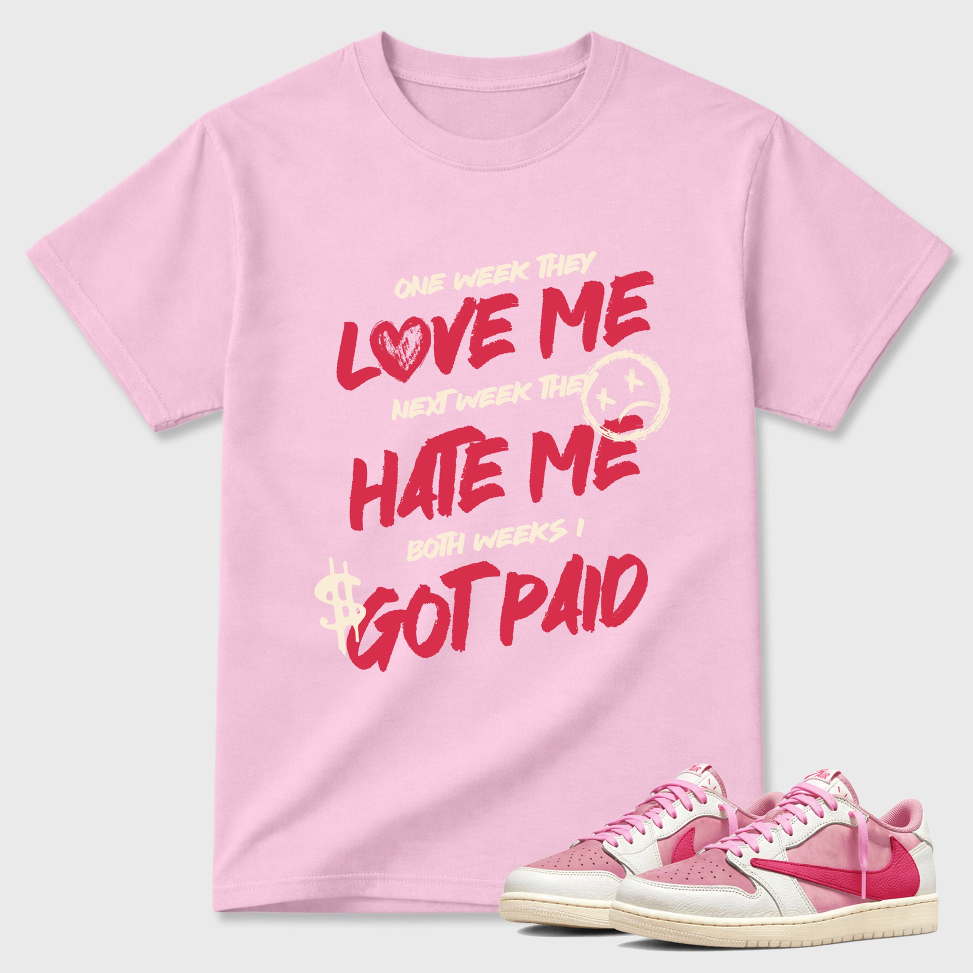 Perfect Sneakerhead Fashion Outfits – Sneaker Tees To Match Air Jordan 1 Low OG x Travis Scott Tropical Pink Shoes – I Got Paid Graphic Tee Pink 1