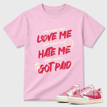 Perfect Sneakerhead Fashion Outfits – Sneaker Tees To Match Air Jordan 1 Low OG x Travis Scott Tropical Pink Shoes – I Got Paid Graphic Tee Pink 1